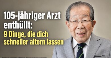 Der japanische Arzt Shigeaki Hinohara lächelnd im grauen Anzug, daneben der Titel: 105-jähriger Arzt enthüllt: 9 Dinge, die dich schneller altern lassen