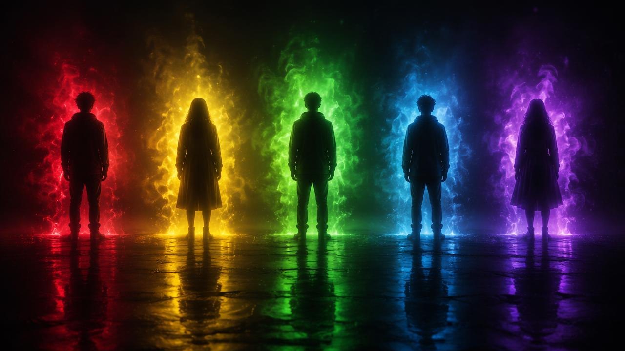 Fünf Silhouetten, jede von einer anders gefärbten Aura umgeben