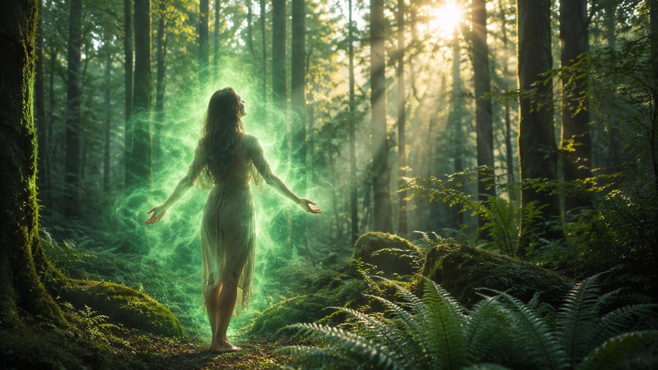 Frau im Morgenwald mit grün leuchtender Aura