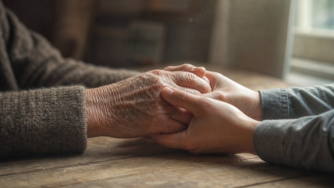 Hände, die eine andere Hand halten, warmes Morgenlicht