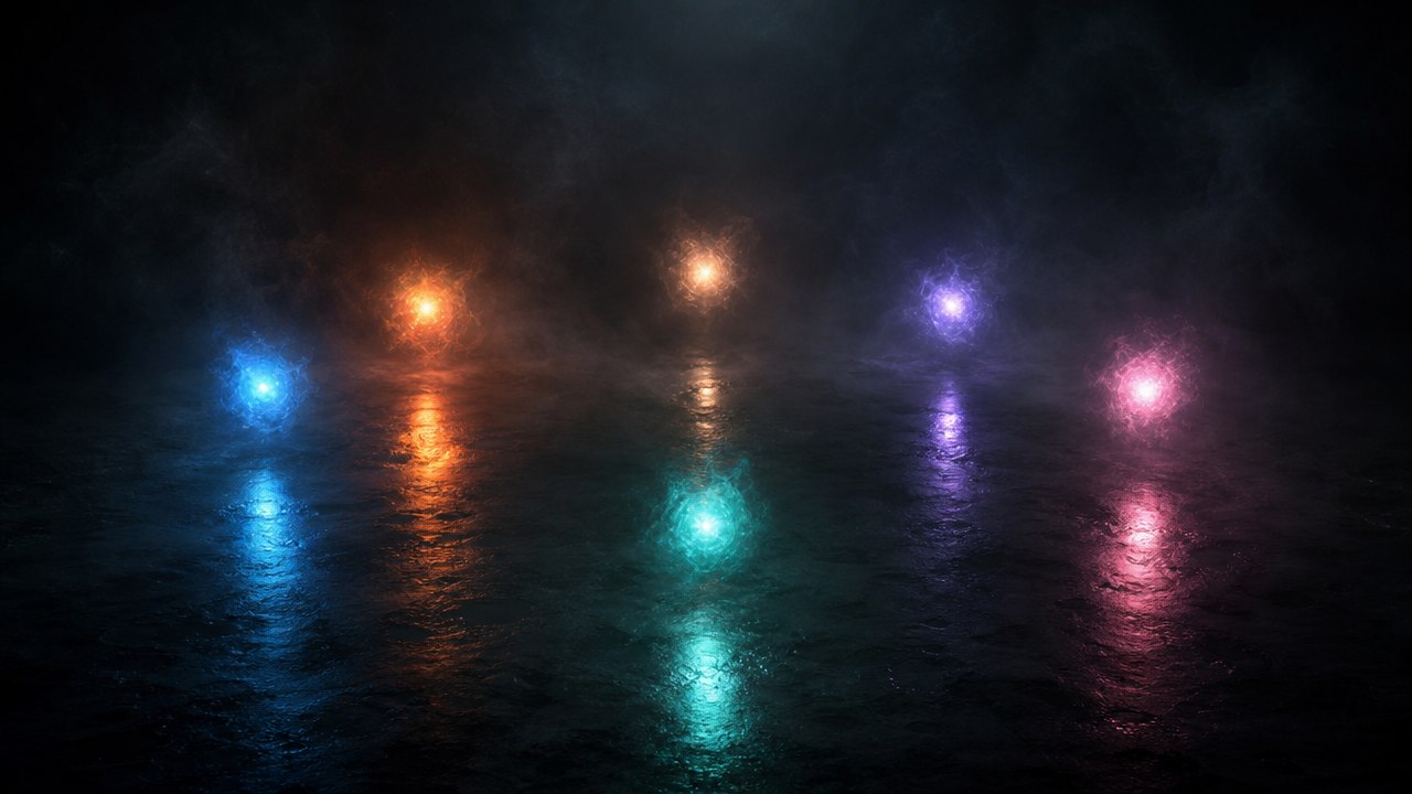 Sechs Lichtpunkte in verschiedenen Farben, die sich zu einer Form verbinden