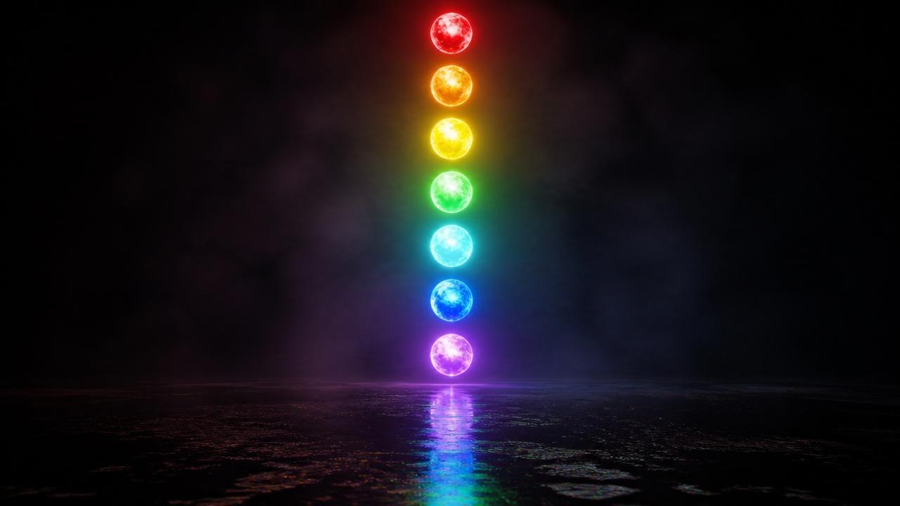 Sieben leuchtende Energiekugeln in den Chakra-Farben