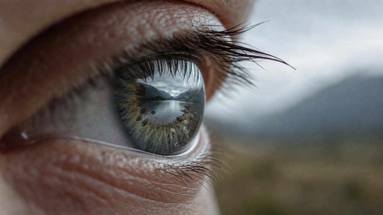 Auge im Profil, in dem sich eine weite Landschaft spiegelt