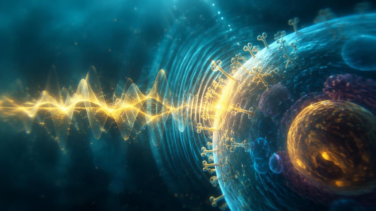 Goldene Schallwelle erreicht die Membran einer lebenden Zelle, Rezeptoren leuchten auf, Mechanotransduktion