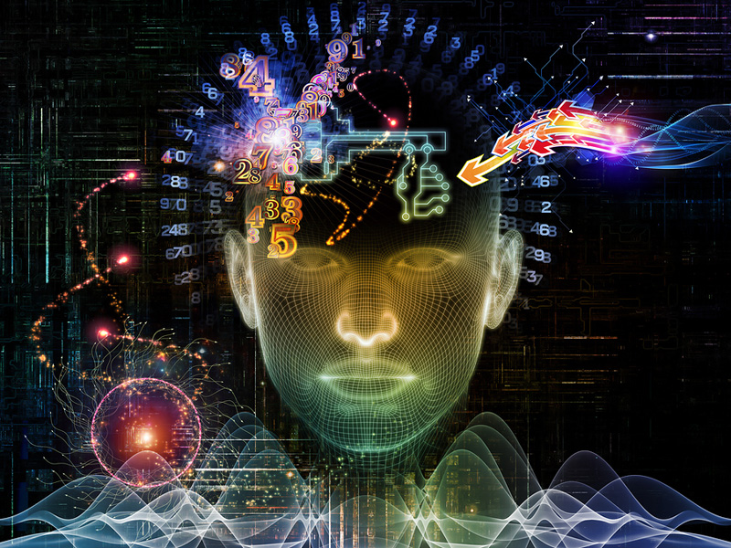 Composition of human head, key symbol and fractal design elements on the subject of encryption, security, digital communications, science and technology