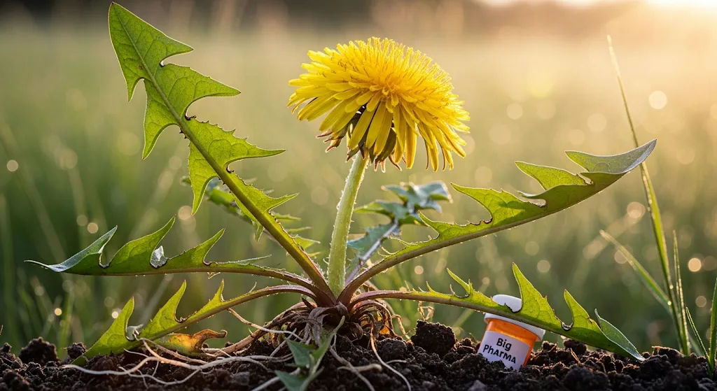 Löwenzahn als Heilpflanze - gelbe Blüten und Wurzeln der Pflanze als Symbol für natürliche Krebsheilung und Lebergesundheit, bedroht von Monsanto und Pharmaindustrie